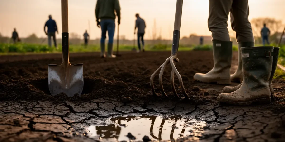 champ agricole sol argileux craquele et humide avec outils jardinage