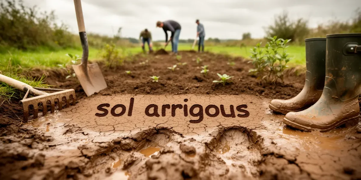 Vue terrain sol argileux boueux fissuré outils jardinage