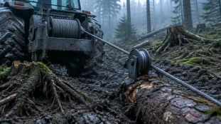 Treuil forestier sur tracteur : câble et poulie de renvoi, montage