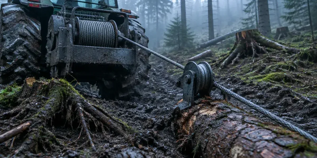 Treuil forestier sur tracteur : câble et poulie de renvoi, montage
