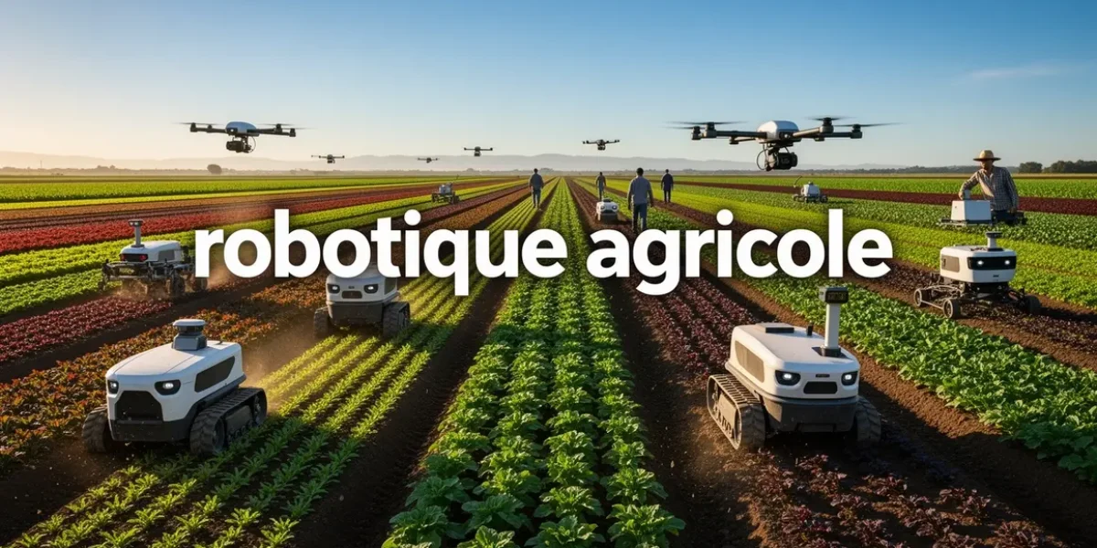 Robots agricoles automatisent champ moderne, ciel bleu